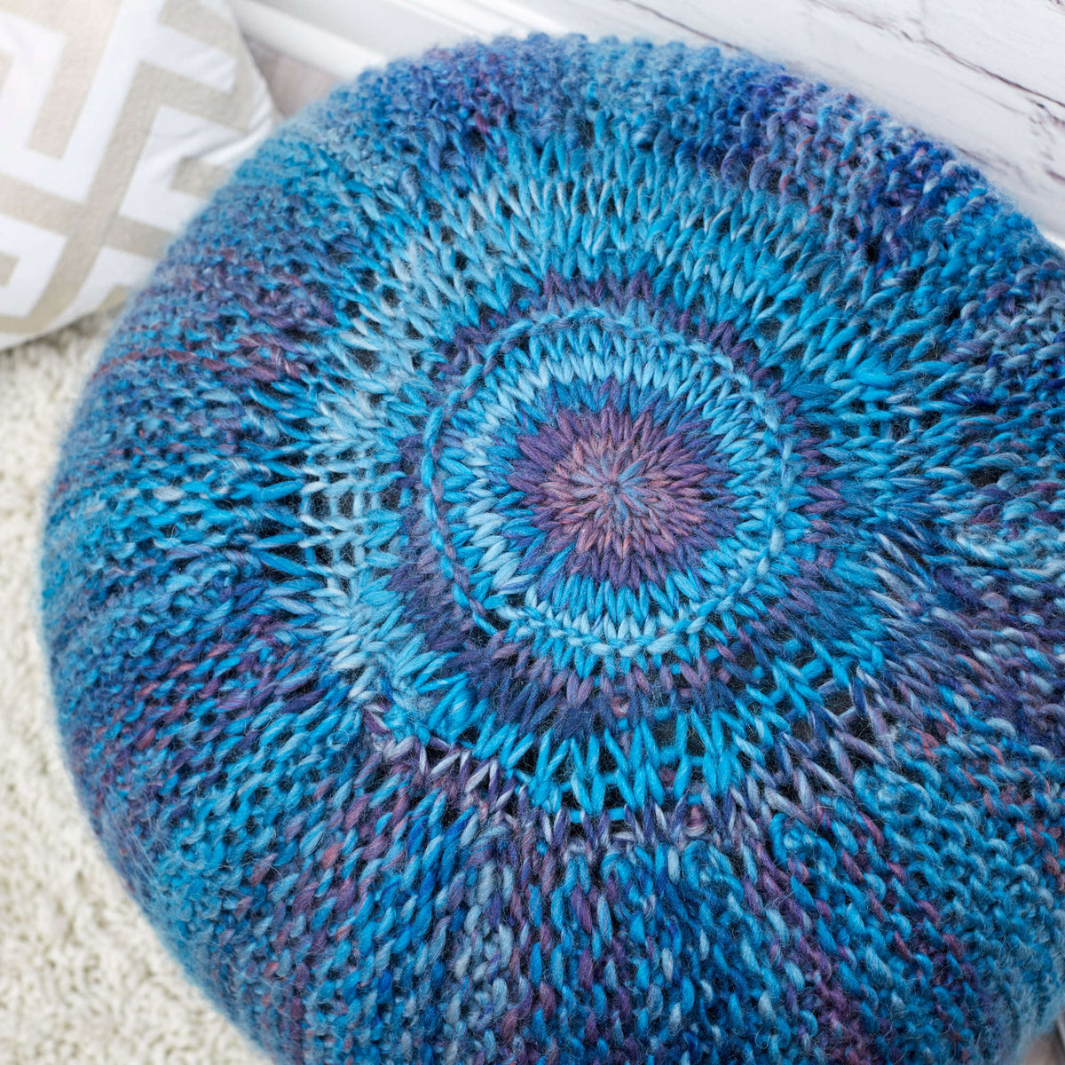 Knit Pouf made in Red Heart Evermore Yarn