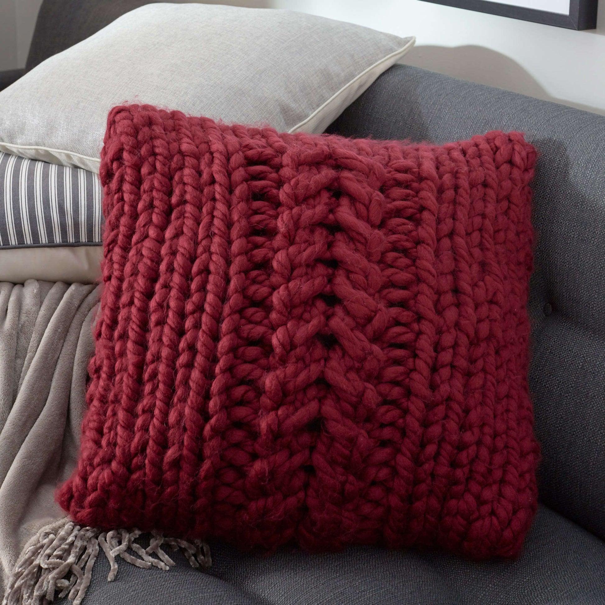 Free Red Knit Heart Oversized-Cable Pillow Pattern