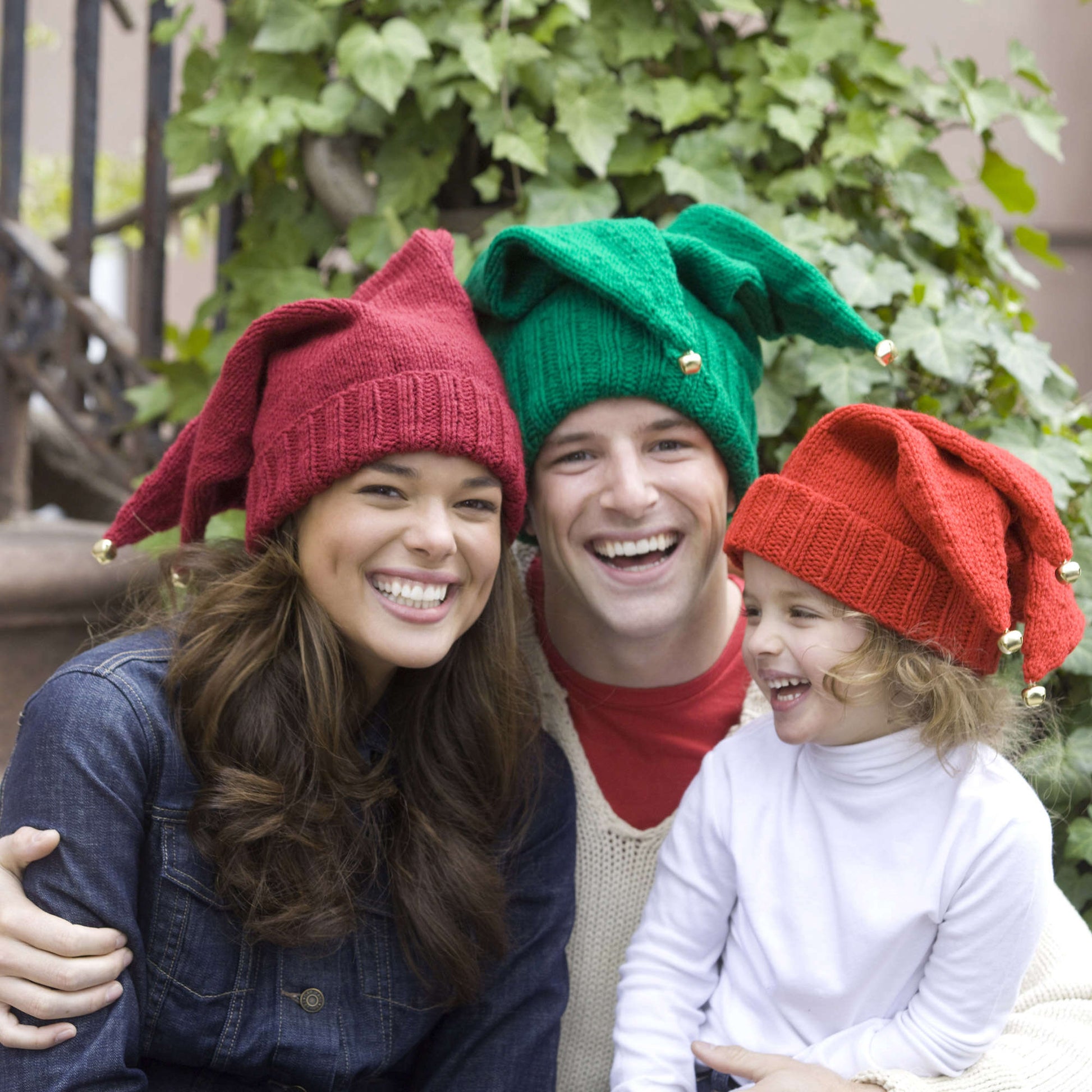 Free Red Heart Knit Jingle Bells Family Hats Pattern