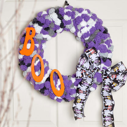 Red Heart BOO Halloween Wreath Craft Wreath made in Red Heart Pomp-a-Doodle Yarn