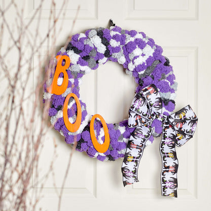 Red Heart BOO Halloween Wreath Craft Wreath made in Red Heart Pomp-a-Doodle Yarn