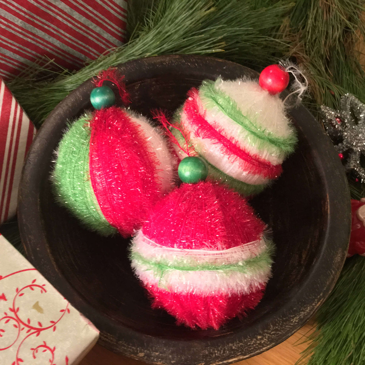 Craft Ornaments made in Red Heart Scrubby Sparkle Yarn