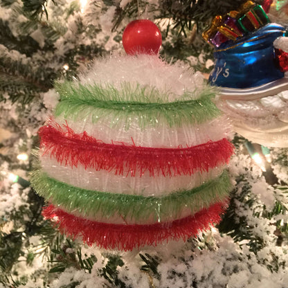 Red Heart Craft It's a Wrap Ornaments Craft Ornaments made in Red Heart Scrubby Sparkle Yarn