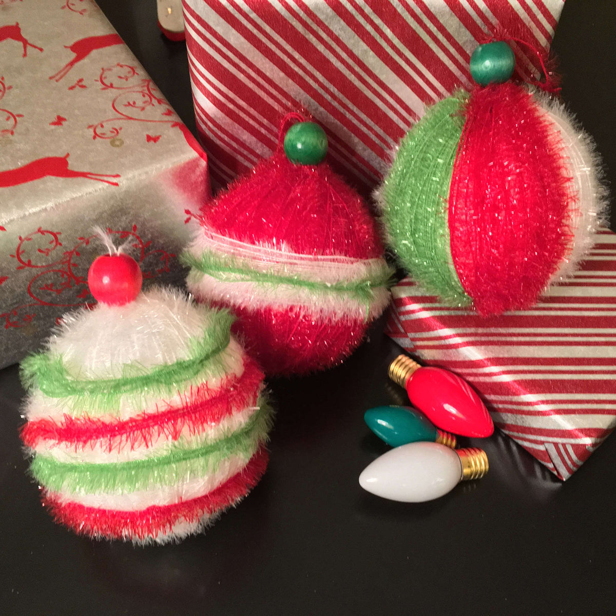 Craft Ornaments made in Red Heart Scrubby Sparkle Yarn