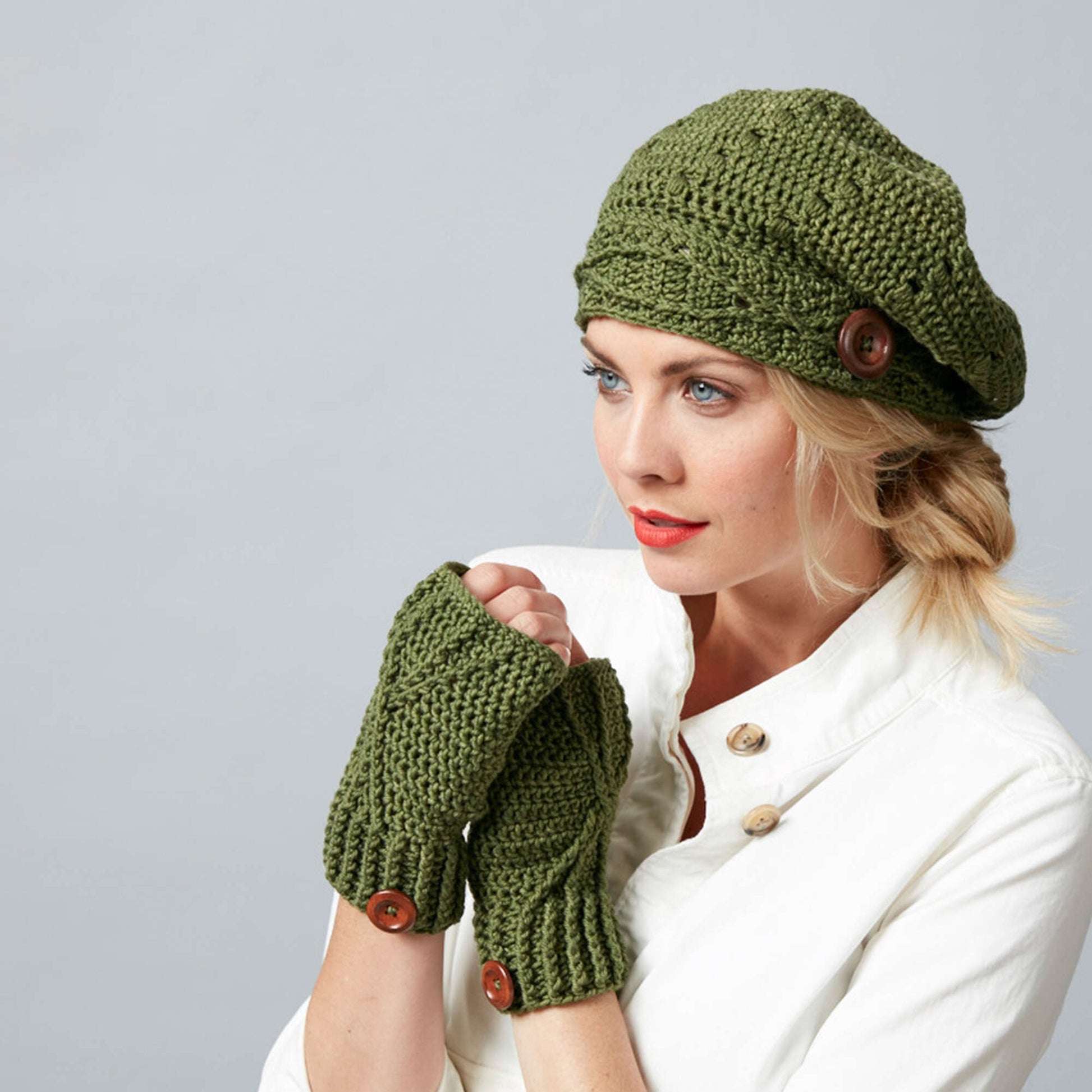 Free Sugar Bush Riverside Button Crochet Slouchy Hat & Fingerless Gloves Pattern