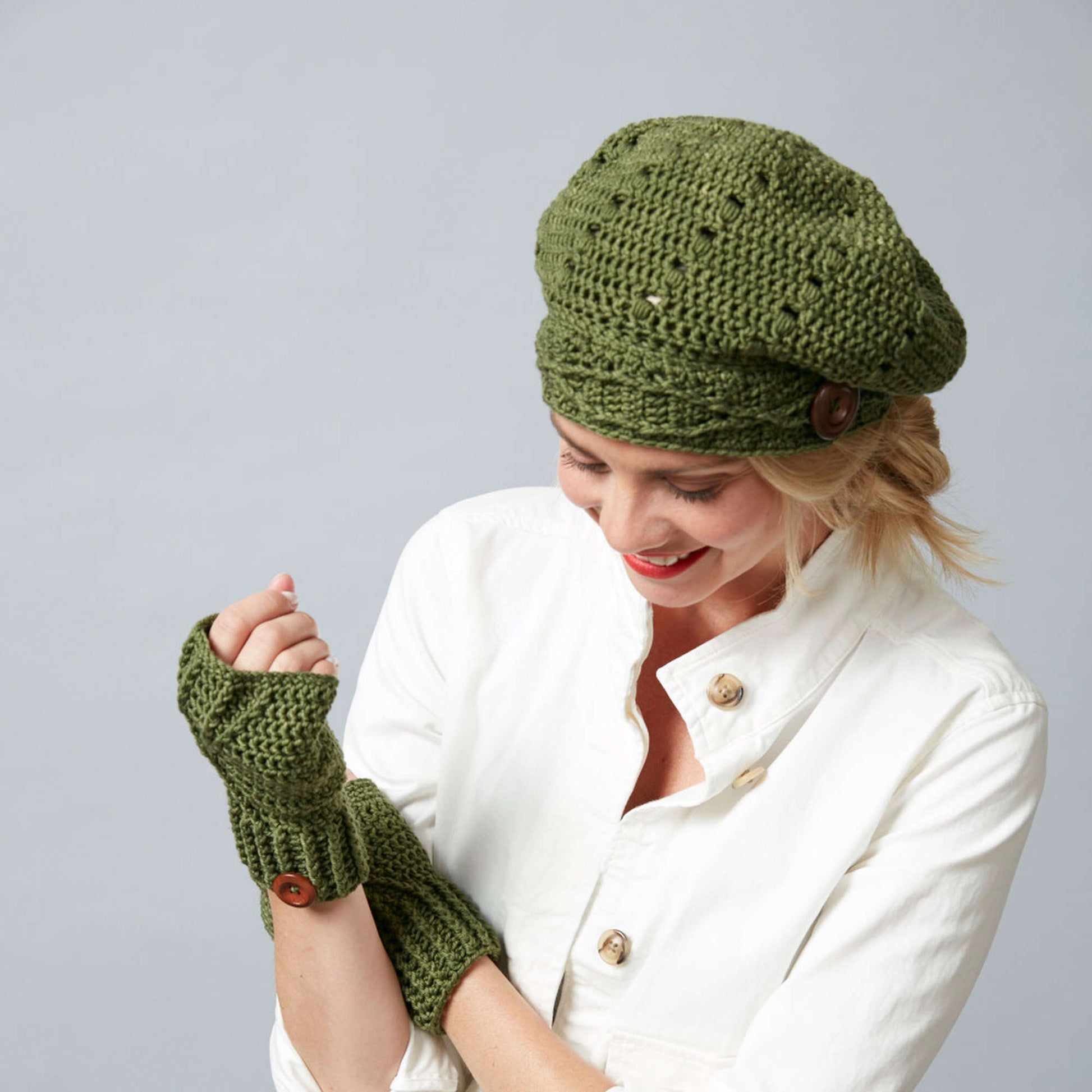 Free Sugar Bush Riverside Button Crochet Slouchy Hat & Fingerless Gloves Pattern