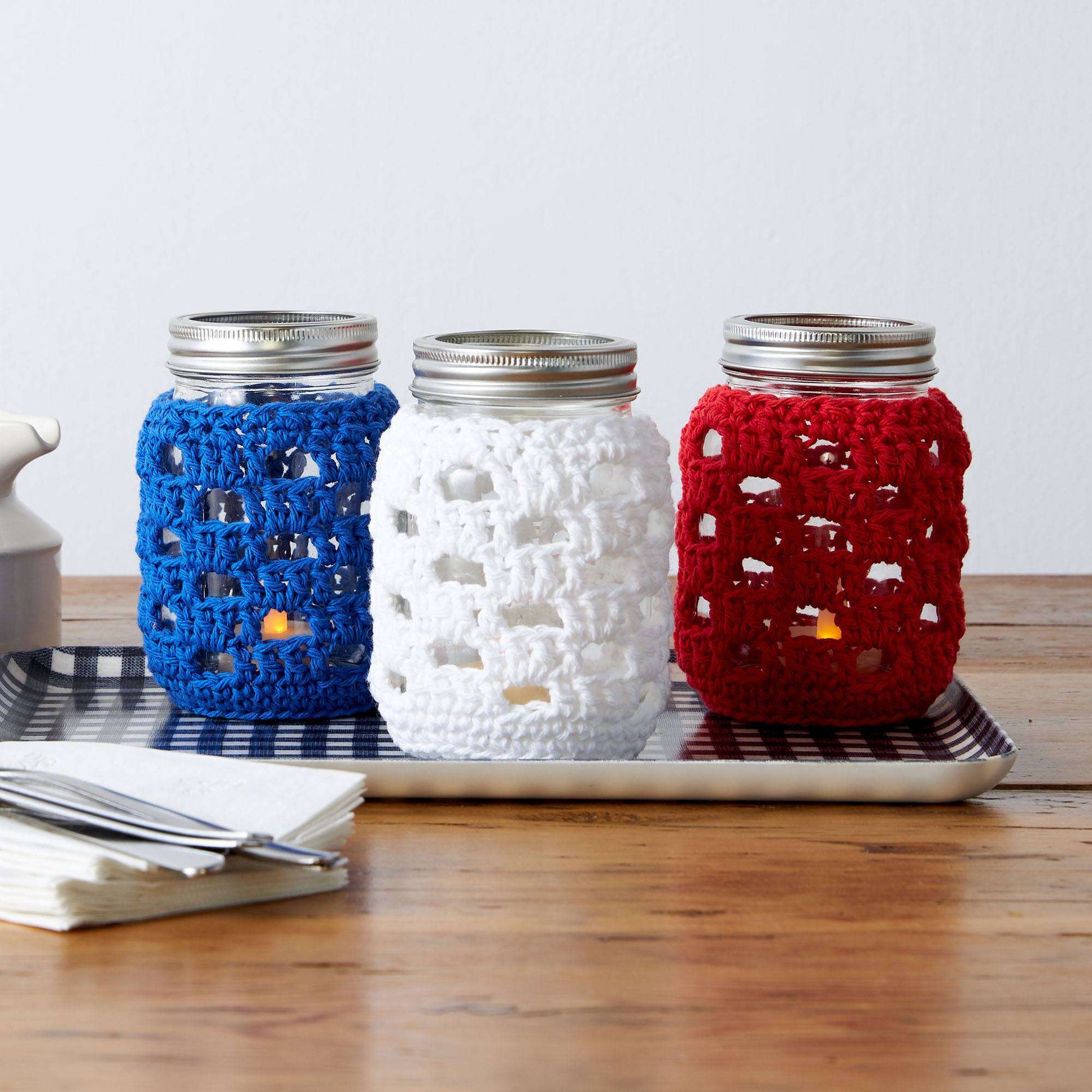Free Lily Sugar'n Cream Long Weekend BBQ Mason Jar Crochet Cozies Pattern